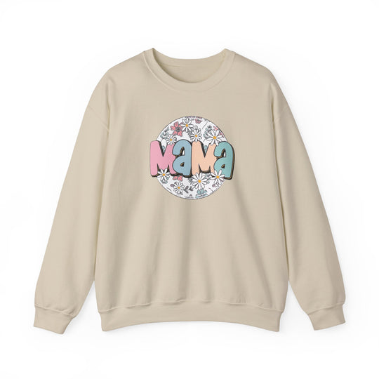 A beige crewneck sweatshirt featuring a floral circle logo, ideal for all occasions. Unisex heavy blend, ribbed knit collar, no itchy side seams. 50% cotton, 50% polyester, loose fit, medium-heavy fabric.