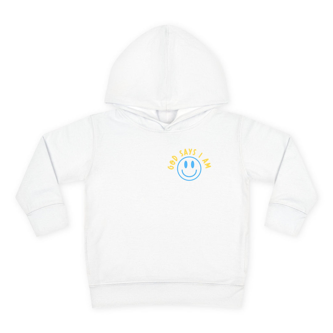 I AM Toddler Hoodie with blue smiley-face graphic and GOD SAYS I AM text, featuring a jersey-lined hood and side-seam pockets for comfort.