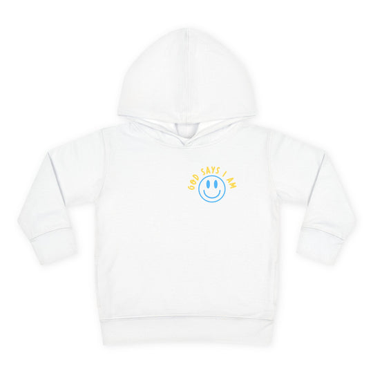 I AM Toddler Hoodie with blue smiley-face graphic and GOD SAYS I AM text, featuring a jersey-lined hood and side-seam pockets for comfort.