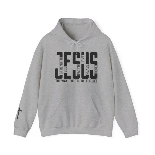 A grey Jesus Hoodie, a cozy blend of cotton and polyester, featuring a kangaroo pocket and matching drawstring. Unisex, medium-heavy fabric for warmth and comfort. Ideal for cold days.
