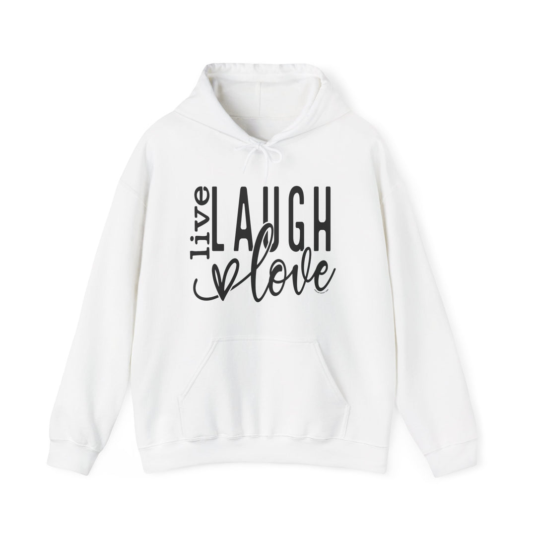 A white hooded sweatshirt with black text, featuring a kangaroo pocket and drawstring hood. Unisex Live Laugh Love Hoodie in cotton-polyester blend, plush and warm for cold days. Medium-heavy fabric, tear-away label, true to size fit.