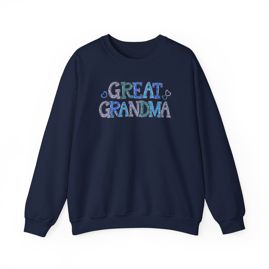 Great Grandma Crew unisex sweatshirt, blue with text, heavy blend fabric, ribbed knit collar, no itchy seams, 50% cotton, 50% polyester, loose fit, true to size.