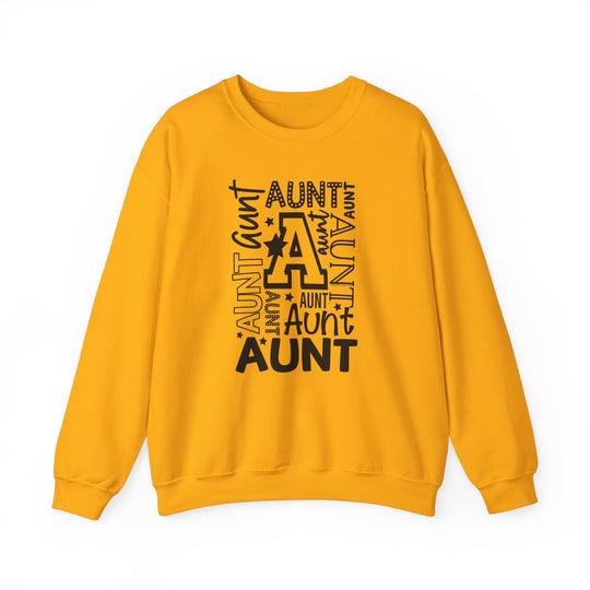 Aunt Crew relaxed fit sweatshirt in yellow with black text. Made of 50% cotton and 50% polyester blend, medium-heavy fabric. Comfortable and stylish for any occasion.