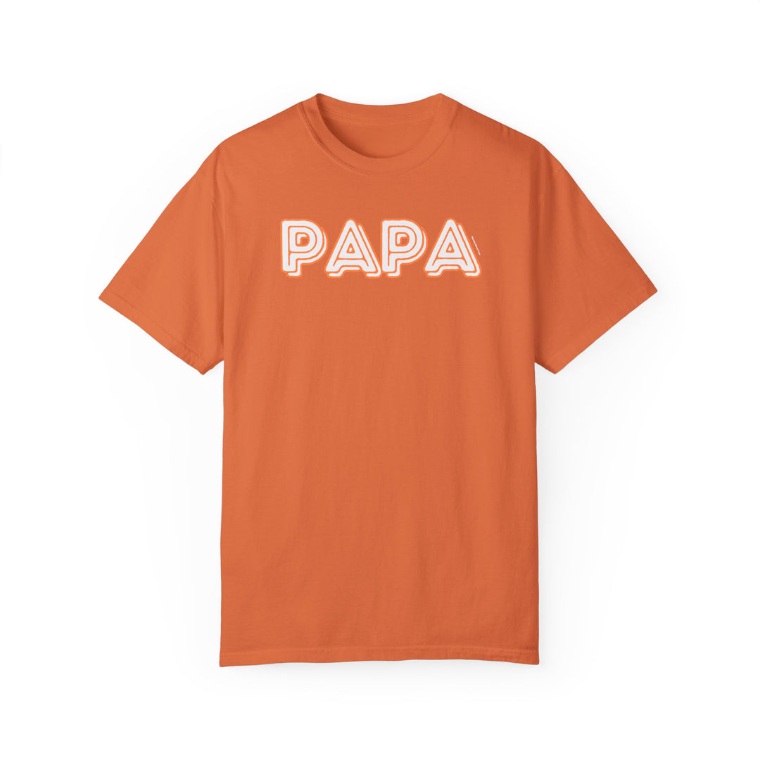 A Papa Tee: Garment-dyed, ring-spun cotton shirt with a relaxed fit. Soft-washed fabric for coziness. Durable double-needle stitching, no side-seams for shape retention. Medium weight.