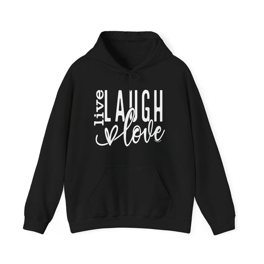 A black hooded sweatshirt with white text, featuring a kangaroo pocket and drawstring hood. Unisex heavy blend for warmth and comfort, ideal for chilly days. Live Laugh Love Hoodie by Worlds Worst Tees.