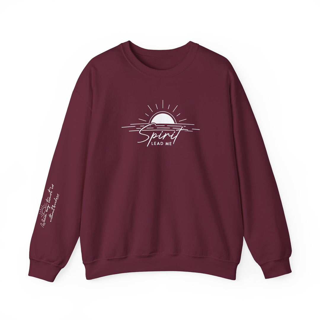A maroon Spirit Lead Me Crew sweatshirt with white text, featuring a sun and waves logo. Unisex heavy blend crewneck made of 50% cotton and 50% polyester for cozy comfort. Durable double-needle stitching, ribbed knit collar, and tear-away label for itch-free wear.