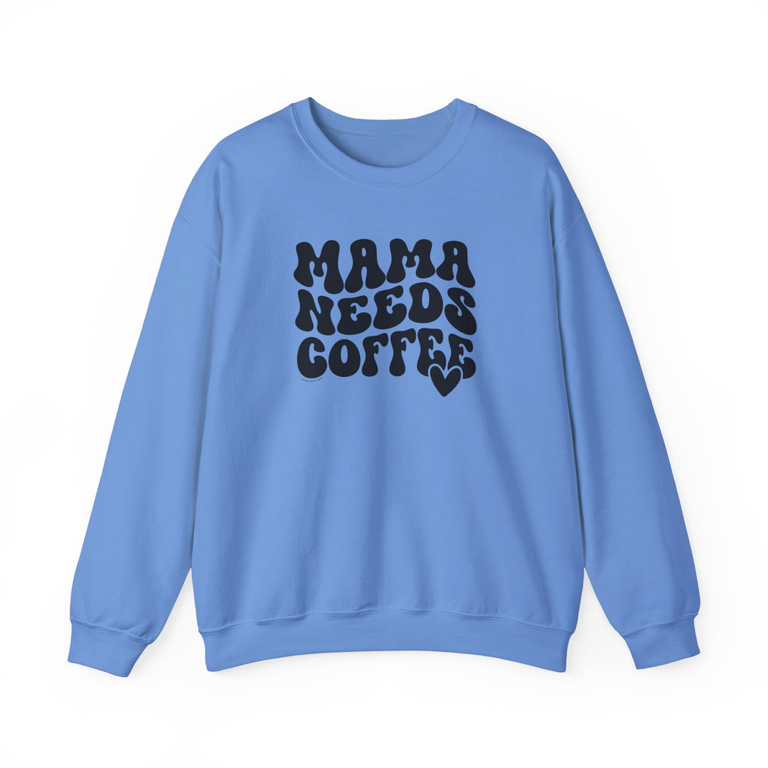 A Mama Needs Coffee Crew unisex sweatshirt in blue with black text. Made of 50% cotton and 50% polyester, featuring ribbed knit collar and a loose fit. Ideal for comfort in a medium-heavy fabric.