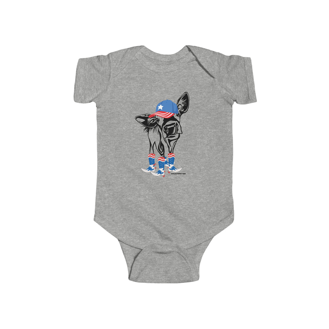 A grey baby bodysuit featuring a cow with a hat and boots, perfect for infants. Made of soft 100% cotton fabric with ribbed knitting for durability. Plastic snaps for easy changing access.