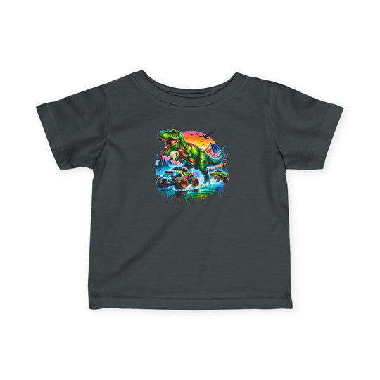 Dino Truck Baby Tee: Charcoal-gray infant T-shirt featuring a vivid neon-style roaring T. rex over a monster truck, set against a colorful sunset backdrop. Ribbed, durable, and soft.