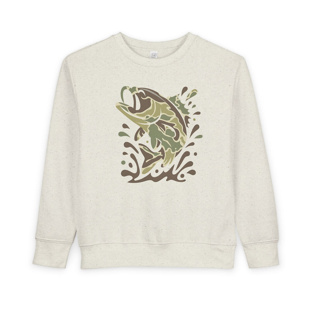 Camo Fish Toddler Crew sweatshirt features a stylized leaping fish graphic in earth tones on a light-heathered base, ideal for comfort and style.