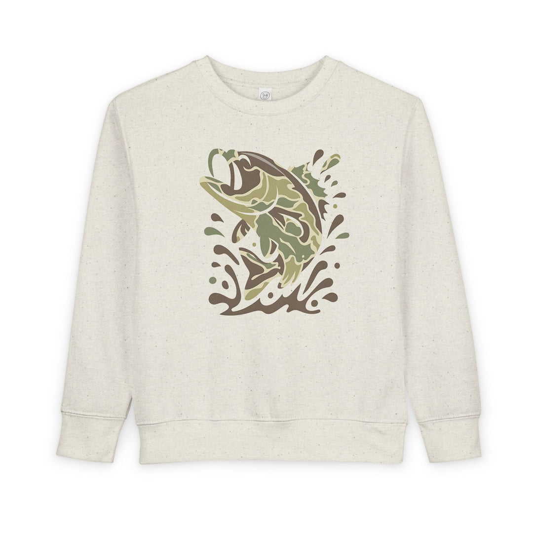 Camo Fish Toddler Crew sweatshirt features a stylized leaping fish graphic in earth tones on a light-heathered base, ideal for comfort and style.
