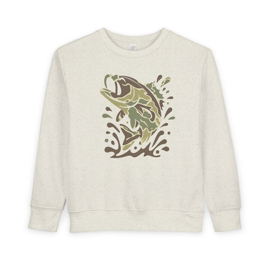 Camo Fish Toddler Crew sweatshirt features a stylized leaping fish graphic in earth tones on a light-heathered base, ideal for comfort and style.