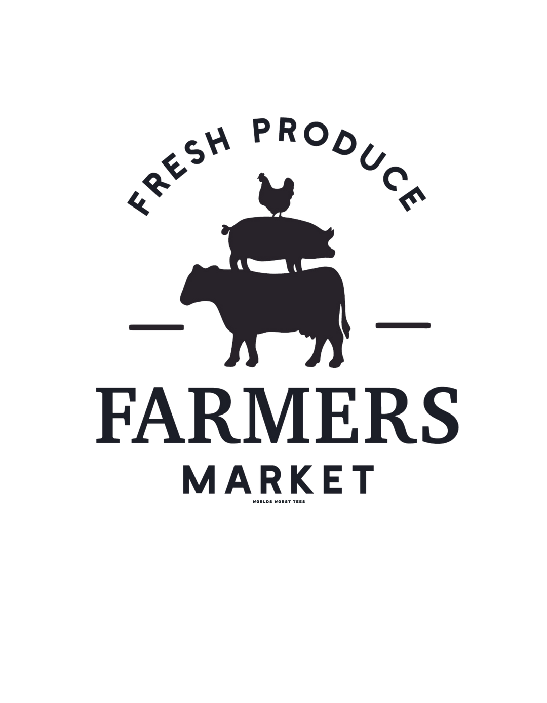 A heavy blend crewneck sweatshirt featuring a logo with animals - a chicken, pig, and cow silhouette. Ideal for comfort, made of 50% cotton and 50% polyester, with ribbed knit collar. From Worlds Worst Tees, the Farmers Market Crew.