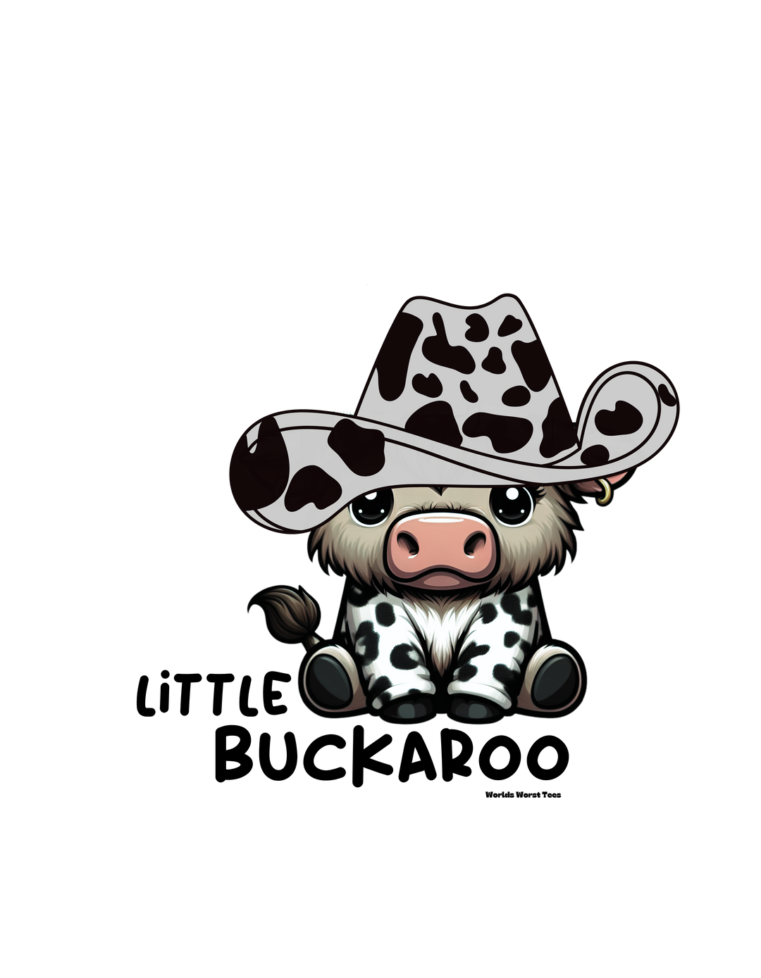 A cartoon cow wearing a cowboy hat on a Buckaroo Onesie infant bodysuit by Worlds Worst Tees. Features 100% cotton fabric, ribbed knitting, and plastic snaps for easy changing.