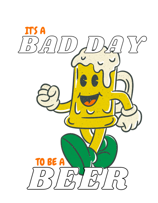A cartoon character tee with a relaxed fit, crafted from 100% ring-spun cotton for coziness. Double-needle stitching enhances durability, while seamless design maintains shape. From Worlds Worst Tees, the It's A Bad Day to be a Beer Tee.