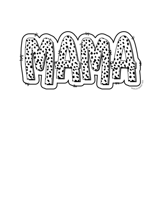 A unisex Mama Print Crew heavy blend crewneck sweatshirt in black and white with spotted letters. Features ribbed knit collar, 50% Cotton 50% Polyester, loose fit, and no itchy side seams. Ideal for comfort.