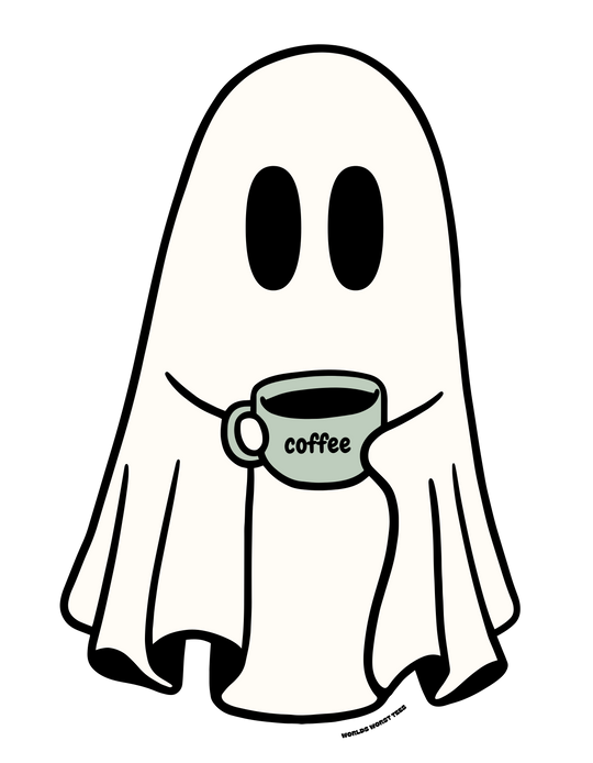 A cozy unisex heavy blend crewneck sweatshirt featuring a cartoon of a ghost holding a cup of coffee. Made of 50% cotton and 50% polyester, with a ribbed knit collar and a loose fit. Sewn-in label, true to size.