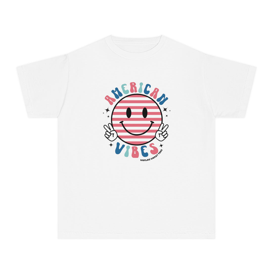 American Vibes Youth Tee: A white t-shirt featuring a smiley face logo, designed for active kids. 100% combed ringspun cotton, soft-washed, and garment-dyed for comfort and durability. Classic fit for all-day wear.