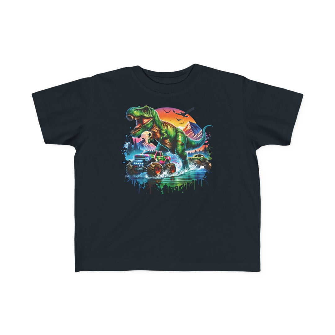 Dino Truck Toddler Tee with neon T-rex and monster trucks, ideal for toddlers with soft cotton and durable print, showcasing playful adventure on a dark backdrop.
