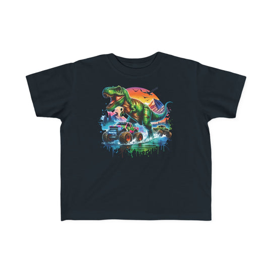 Dino Truck Toddler Tee with neon T-rex and monster trucks, ideal for toddlers with soft cotton and durable print, showcasing playful adventure on a dark backdrop.