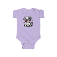 A baby bodysuit featuring a cute cow wearing sunglasses. Made of 100% cotton, with ribbed knitting for durability and plastic snaps for easy changing. From Worlds Worst Tees.