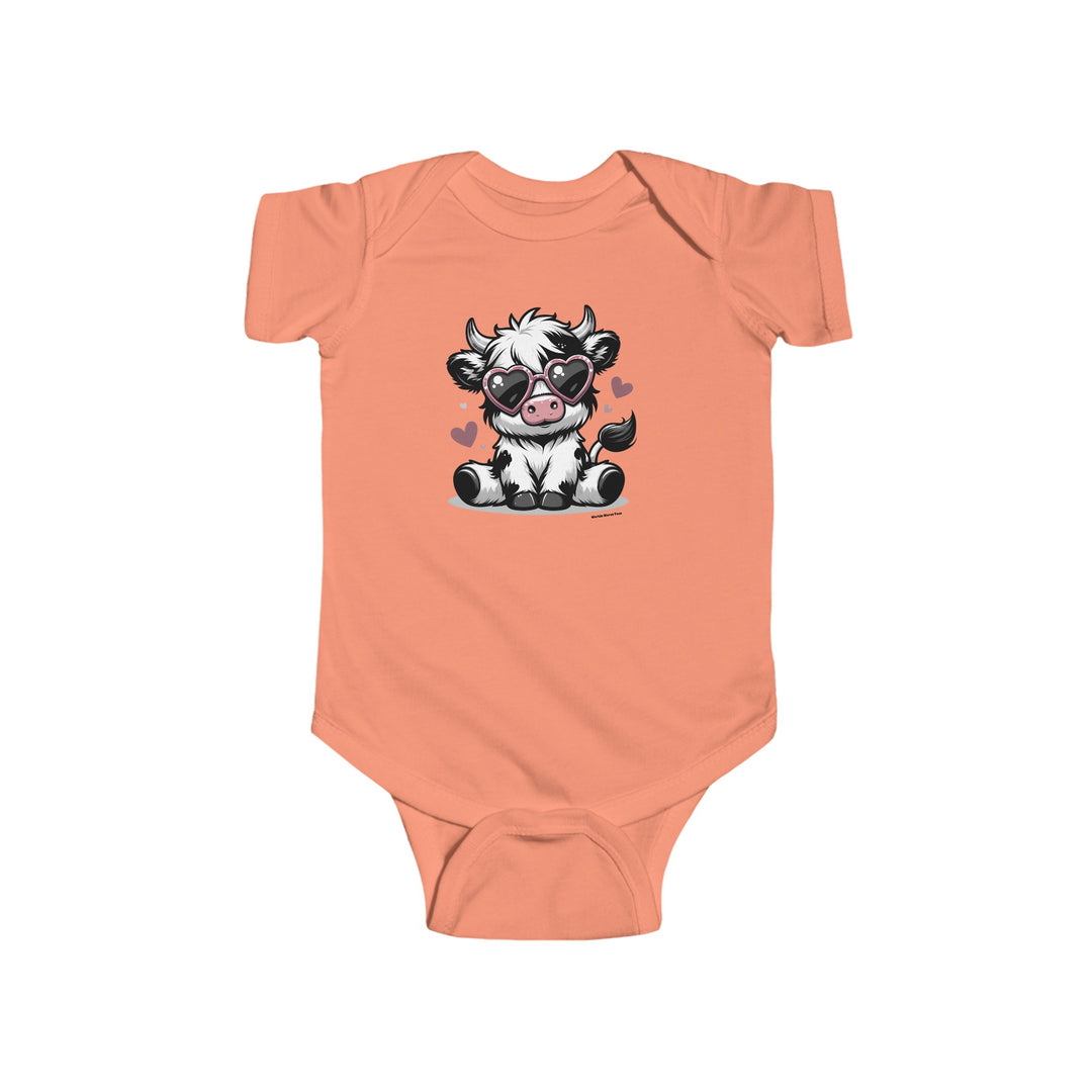A baby bodysuit featuring a cartoon cow wearing heart-shaped sunglasses. Made of 100% cotton, light fabric with ribbed bindings for durability. Plastic snaps for easy changing access. From Worlds Worst Tees.