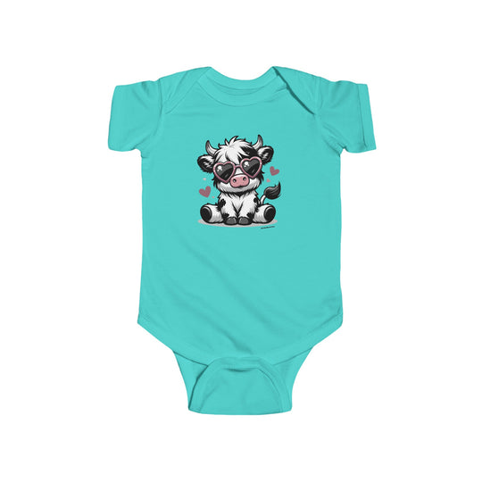 Infant fine jersey bodysuit featuring a cartoon cow in sunglasses. 100% cotton fabric, ribbed knit bindings, and plastic snaps for easy changing access. Title: Cute Cow Onesie.