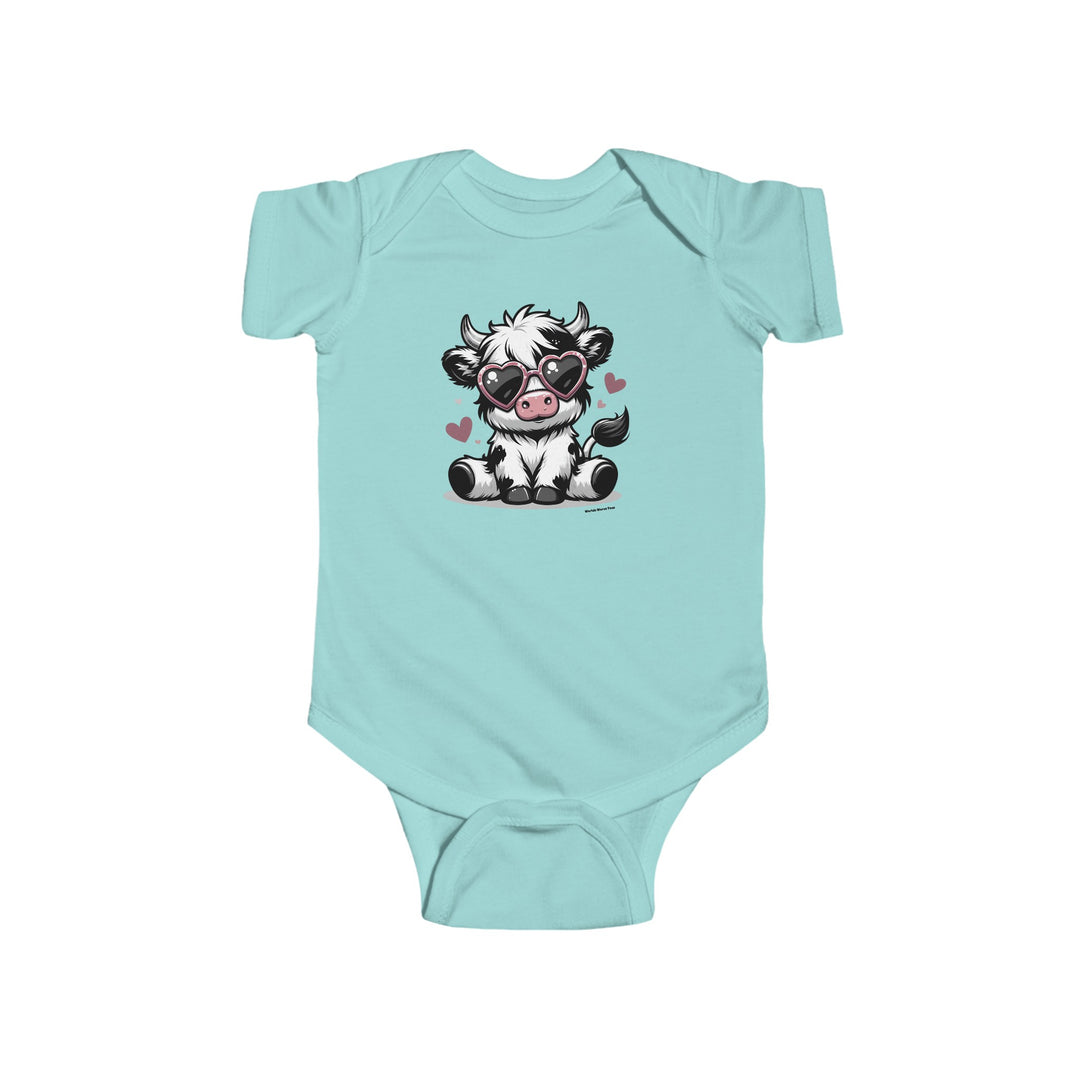 A baby bodysuit featuring a cute cow wearing sunglasses, ideal for infants. Made of 100% cotton, with ribbed knitting for durability and plastic snaps for easy changing. From Worlds Worst Tees.