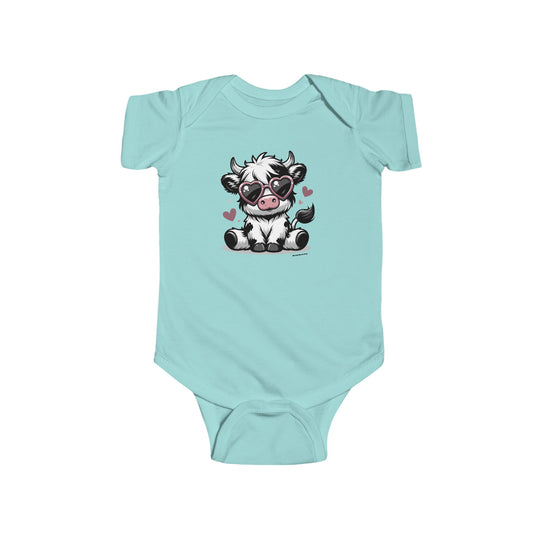 A baby bodysuit featuring a cute cow wearing sunglasses, ideal for infants. Made of 100% cotton, with ribbed knitting for durability and plastic snaps for easy changing. From Worlds Worst Tees.