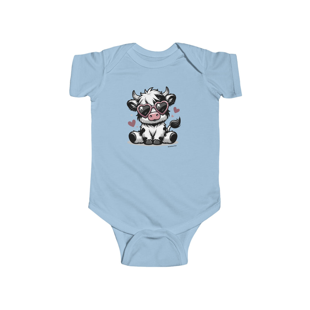 A baby bodysuit featuring a cute cow wearing sunglasses, perfect for infants. Made of 100% cotton, with ribbed bindings for durability and plastic snaps for easy changing. From Worlds Worst Tees.