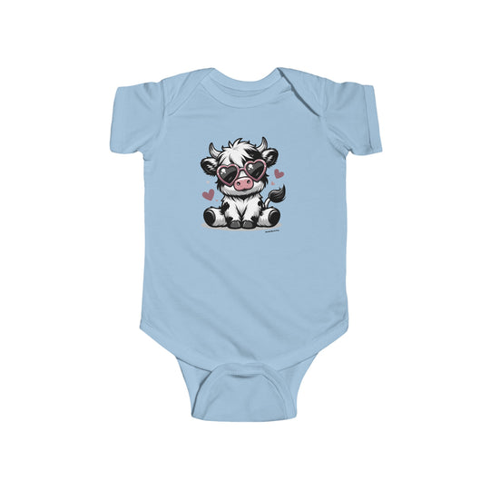 A baby bodysuit featuring a cute cow wearing sunglasses, perfect for infants. Made of 100% cotton, with ribbed bindings for durability and plastic snaps for easy changing. From Worlds Worst Tees.