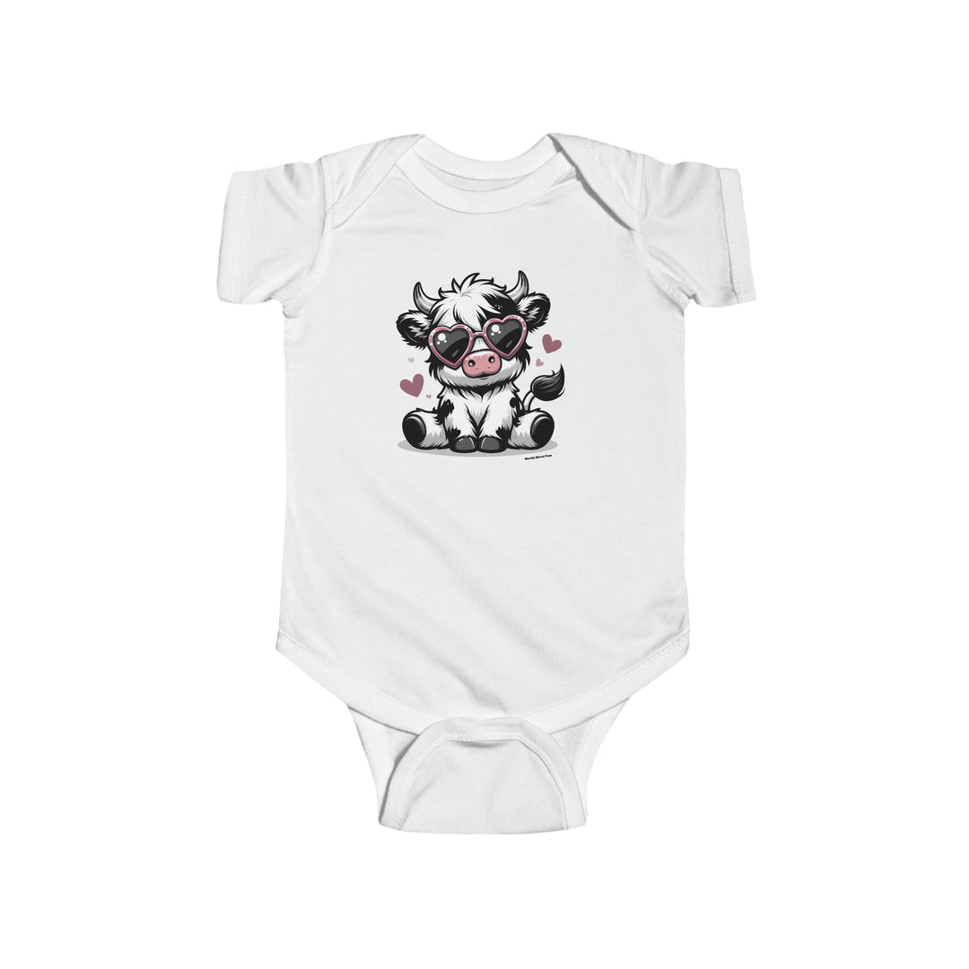 A white baby bodysuit featuring a cartoon cow wearing sunglasses, perfect for infants. Made of 100% cotton, with ribbed knitting for durability and plastic snaps for easy changing. Title: Cute Cow Onesie.