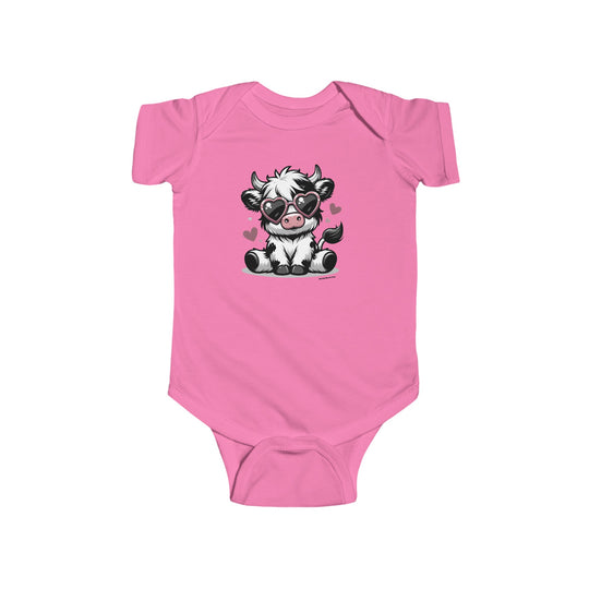 A pink baby bodysuit featuring a cute cow wearing sunglasses, perfect for infants. Made of 100% cotton, with ribbed knitting for durability and plastic snaps for easy changing. From Worlds Worst Tees.