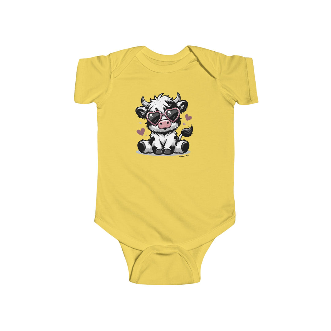 A durable and soft infant fine jersey bodysuit featuring a cute cow cartoon wearing sunglasses. Made of 100% cotton with ribbed knit bindings and plastic snaps for easy changing access. From 'Worlds Worst Tees'.