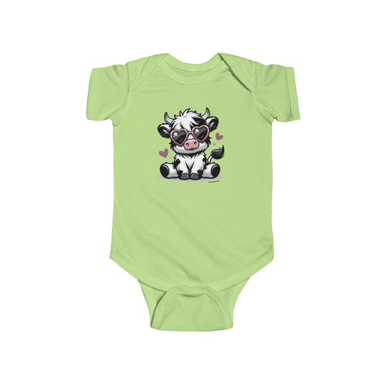 A durable and soft infant fine jersey bodysuit featuring a cute cow wearing sunglasses. Made of 100% cotton fabric with ribbed knitting for durability and plastic snaps for easy changing access. From 'Worlds Worst Tees'.