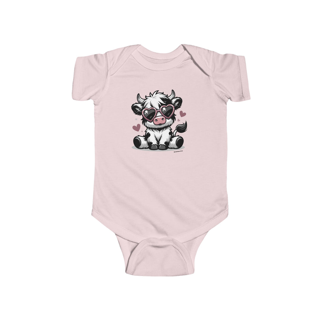 A baby bodysuit featuring a cute cow wearing sunglasses. Made of 100% cotton, with ribbed knitting for durability and plastic snaps for easy changing. From Worlds Worst Tees.