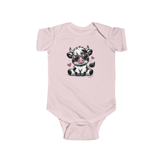 A baby bodysuit featuring a cute cow wearing sunglasses. Made of 100% cotton, with ribbed knitting for durability and plastic snaps for easy changing. From Worlds Worst Tees.