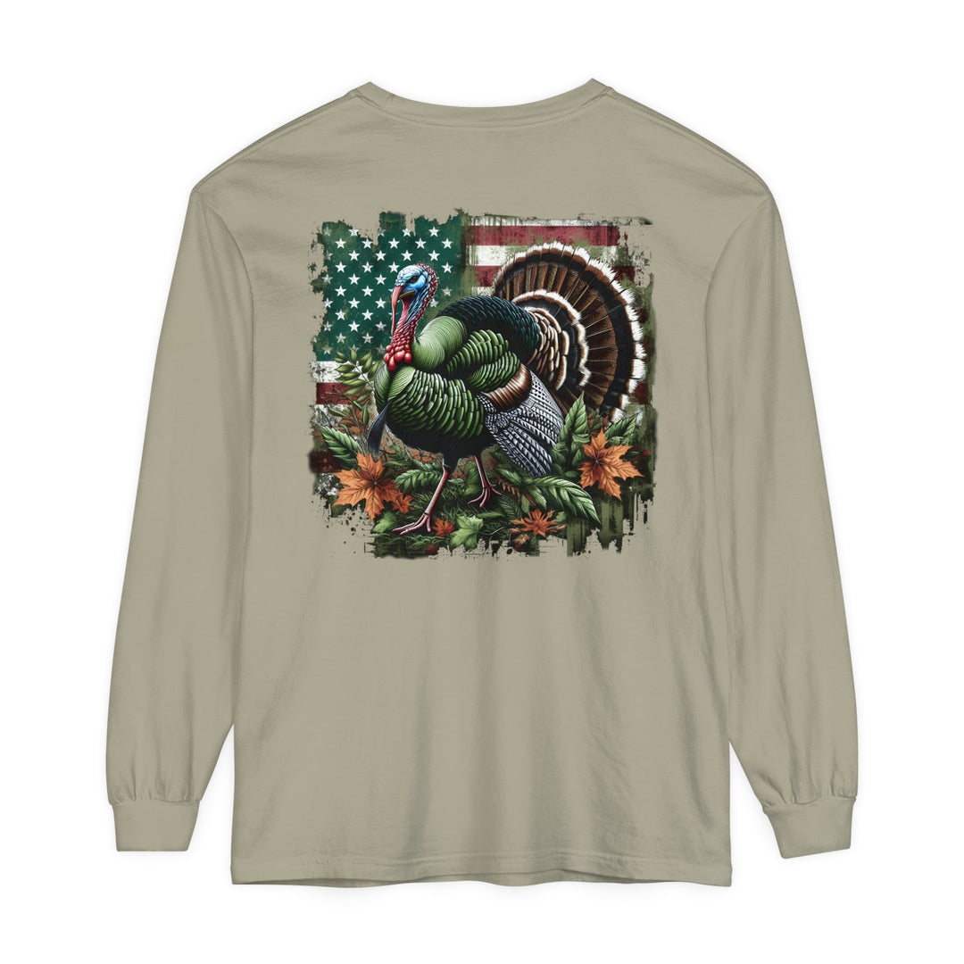 Turkey Hunting Long Sleeve T-Shirt featuring a turkey design on soft ring-spun cotton. Garment-dyed fabric, relaxed fit for comfort. Perfect for casual wear. From Worlds Worst Tees.