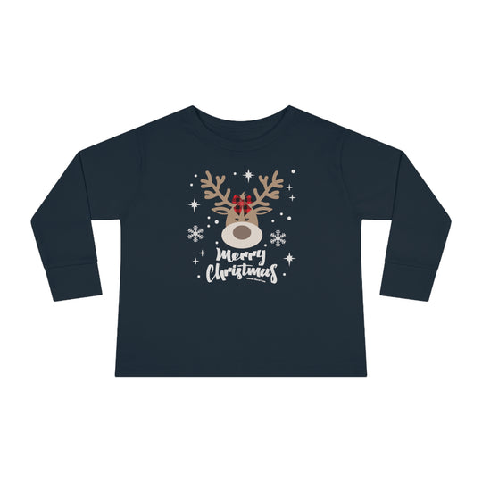 Toddler long-sleeve tee featuring a blue shirt with a deer design, perfect for the youngest. Made of 100% combed ringspun cotton, with ribbed collar and EasyTear™ label for comfort and durability.