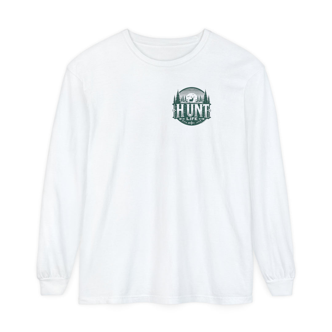 A white long-sleeve Turkey Hunting Tee in ring-spun cotton. Garment-dyed with a relaxed fit for comfort. Ideal for casual settings. Classic Fit with sewn-in twill label.
