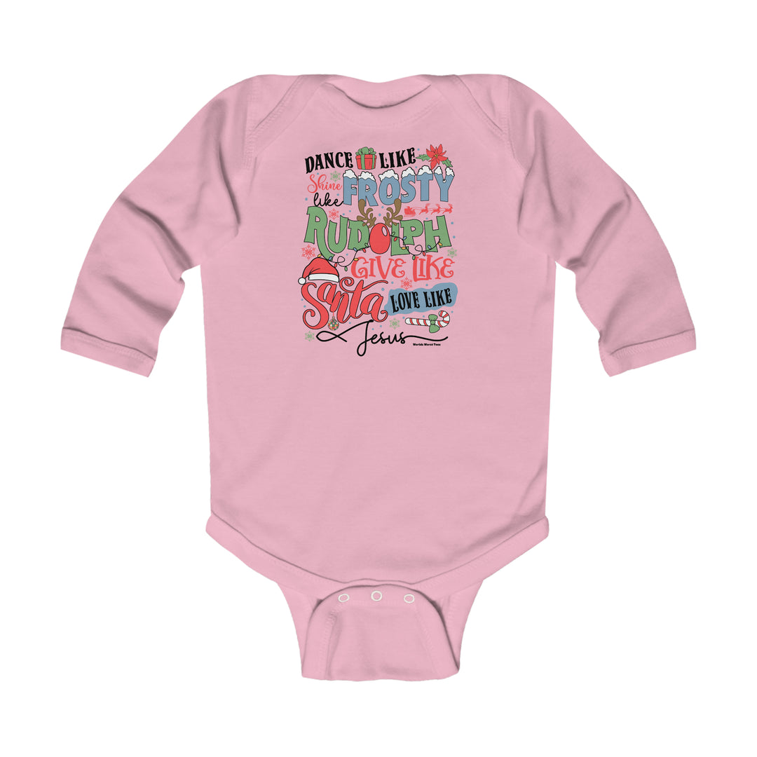 Infant long sleeve bodysuit featuring Frosty Rudolph Santa Jesus design. 100% cotton fabric, ribbed knitting for durability, plastic snaps for easy changing. From Worlds Worst Tees.