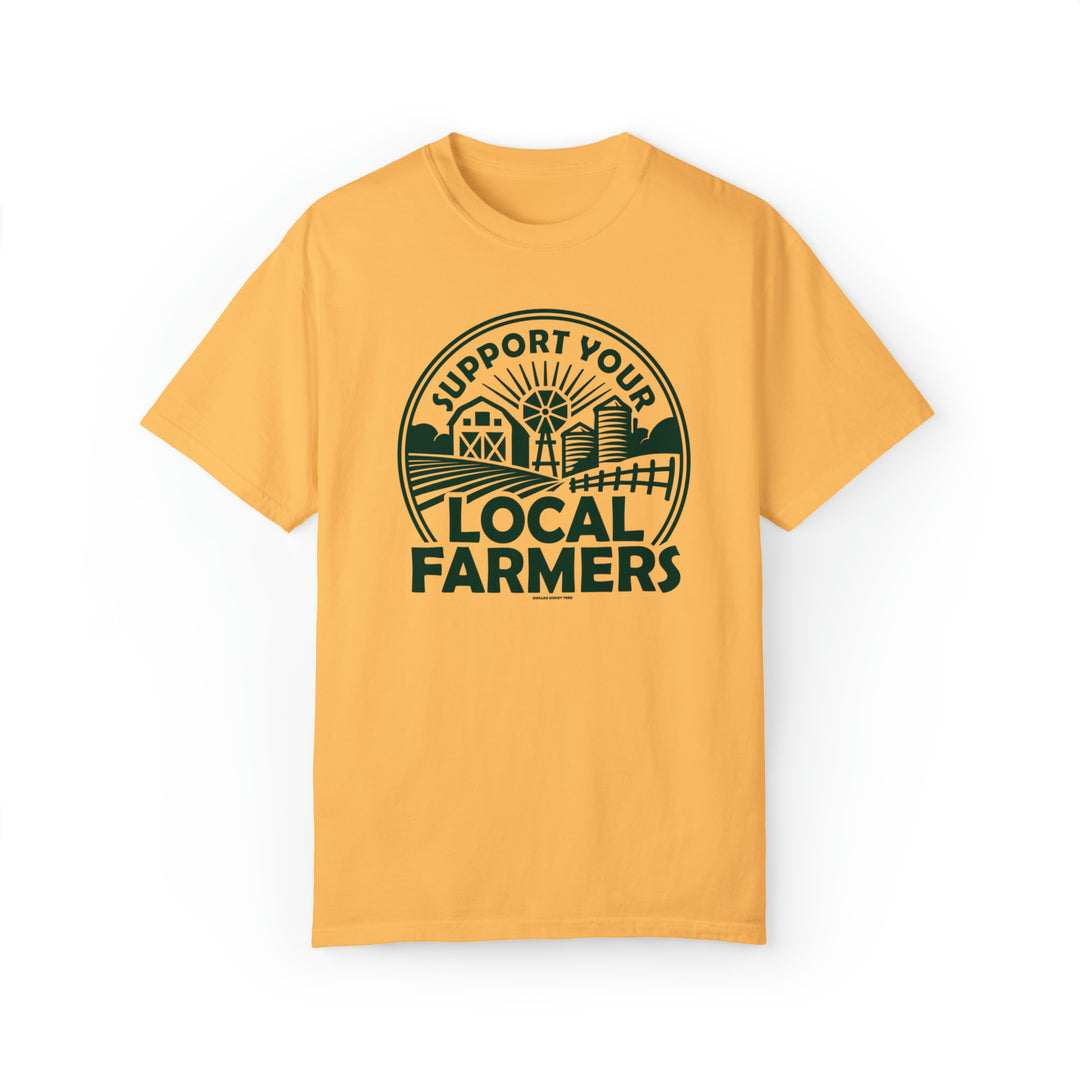 A Support Your Local Farmer Tee, a yellow t-shirt with a logo, crafted from 80% ring-spun cotton and 20% polyester. Unisex, relaxed fit, garment-dyed sweatshirt with rolled-forward shoulder and back neck patch.