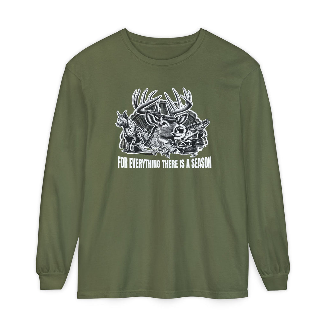 For Everything There is a Season Long Sleeve Tee featuring a vintage-style deer, fox, fish, and waterfowl graphic with a slogan, crafted from soft ring-spun cotton.