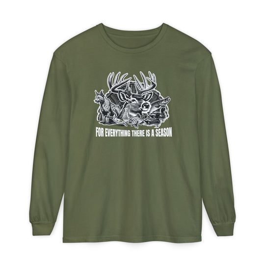 For Everything There is a Season Long Sleeve Tee featuring a vintage-style deer, fox, fish, and waterfowl graphic with a slogan, crafted from soft ring-spun cotton.