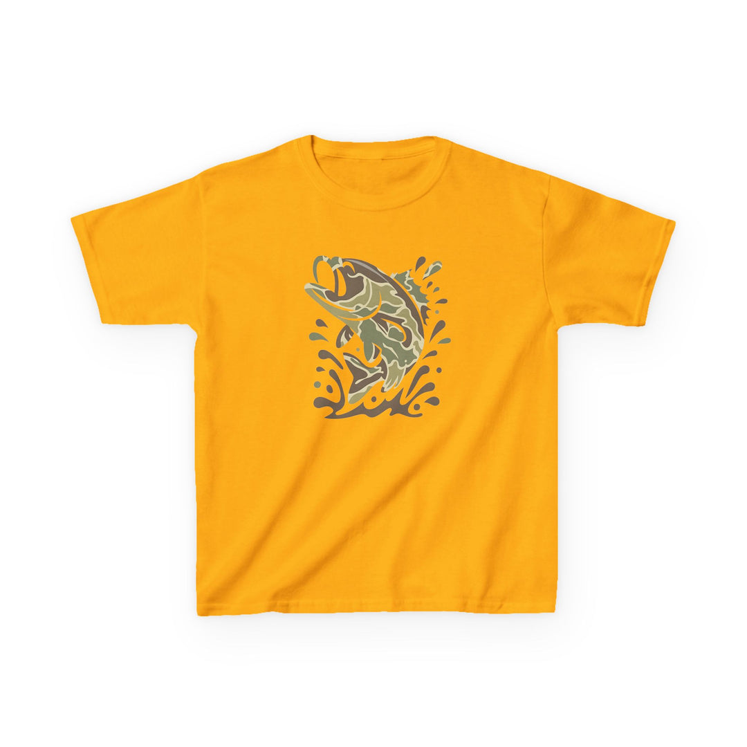 Camo Fish Kids Tee featuring a leaping fish graphic in camo pattern on a bright yellow, short-sleeve, 100% cotton tee, designed for durability and comfort.