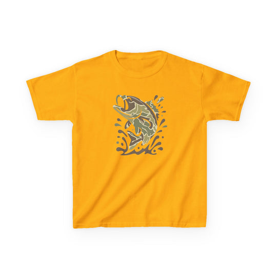 Camo Fish Kids Tee featuring a leaping fish graphic in camo pattern on a bright yellow, short-sleeve, 100% cotton tee, designed for durability and comfort.