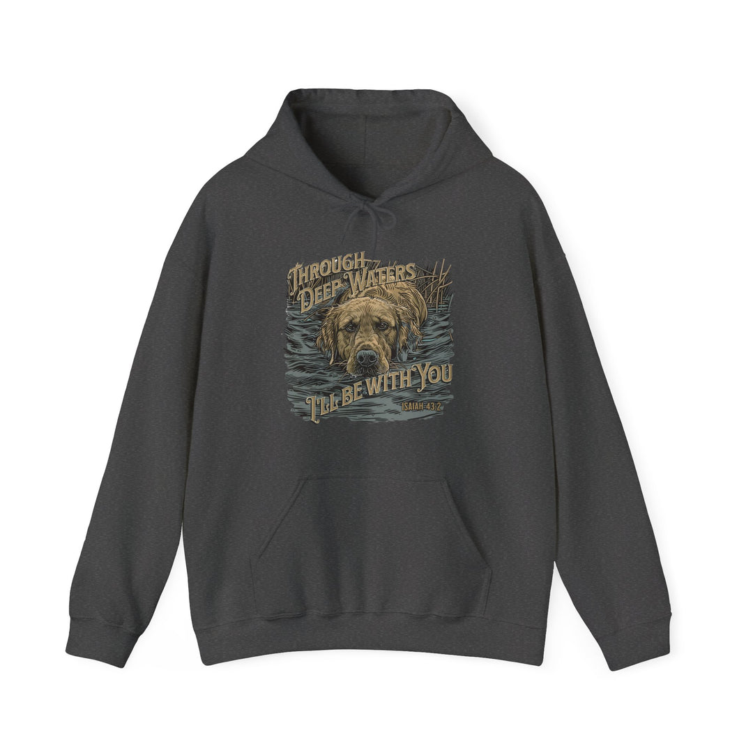 A grey sweatshirt featuring a dog design, part of the Through Deep Waters Hunting Hoodie collection by Worlds Worst Tees. Unisex heavy blend fabric with kangaroo pocket and drawstring hood. Classic fit, 50% cotton, 50% polyester.