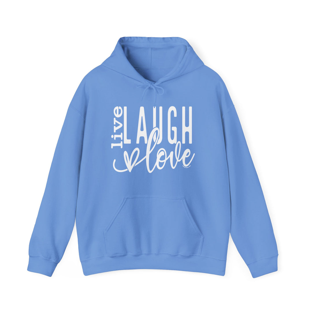 A cozy Live Laugh Love Hoodie, a blue sweatshirt with white text. Unisex, cotton-polyester blend, kangaroo pocket, and matching drawstring. Perfect for chilly days. From Worlds Worst Tees.