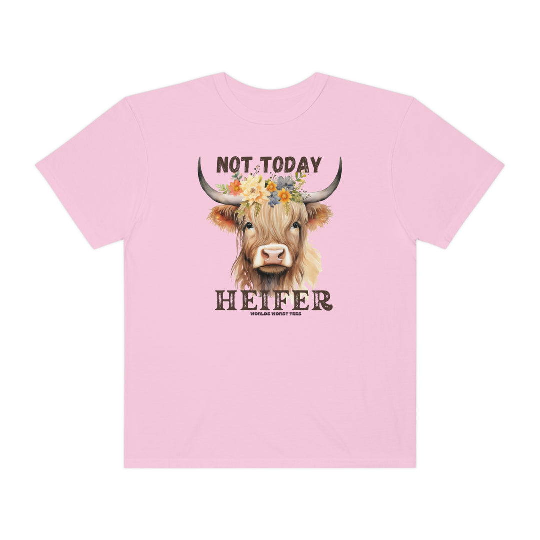 A relaxed-fit Not Today Heifer Tee, featuring a cow design on a pink shirt. Made of 100% ring-spun cotton, garment-dyed for extra coziness and durability. Ideal for daily wear.