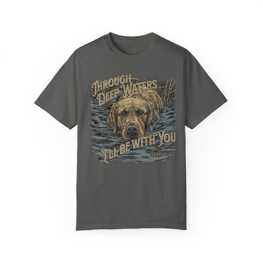 A relaxed fit Through Deep Waters Hunting Tee, featuring a dog design on a grey shirt. Made of 100% ring-spun cotton for comfort and durability. Ideal for daily wear with no side-seams for a sleek look.
